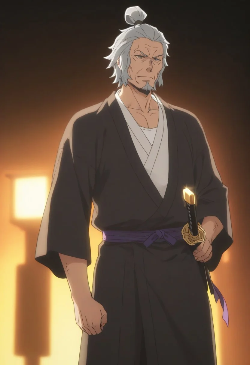 1boy, older male, mature male, An elderly samurai with long, flowing grey hair tied in a loose topknot, his scarred, weathered face exuding wisdom and resolve. He’s dressed in a tattered kimono with muted red and black hues, adorned with battle-worn lightweight armor. His katana, sheathed at his hip, has a rugged hilt wrapped in dark cloth. Rendered in a vibrant anime style inspired by Danmachi—crisp black outlines, soft gradient shading, and a heroic yet grounded presence. The scene is set on a misty battlefield at dawn, with faint warrior silhouettes in the distance and a warm golden glow piercing the fog. Masterpiece, best quality, highly detailed, dynamic composition, dramatic anime lighting. <lora:DanMachi_Style:1>