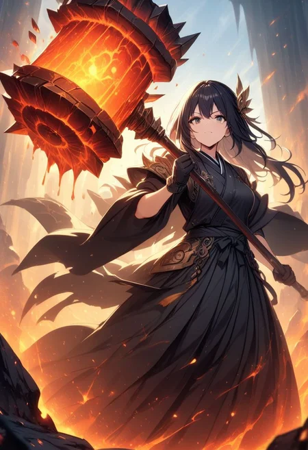 1woman, wearing a hakama, hakama-themed earth elements,wearing black gloves,wielding a giant molten rock fantasy hammer, masterpiece, best quality, very aesthetic, absurdres,intricate details
