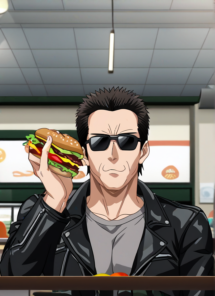 <lora:terminator2_t800:1>terminator2_t800,2ts hair,black leather jacket,black sunglasses,gray shirt,looking at viewer,detailed,4k,black leather pants,male,man,adult,anime style,mature man,anime screencap, sitting, restaurant background, holding burger, eating burger, food,table, <lora:Anime_Screencap:1>