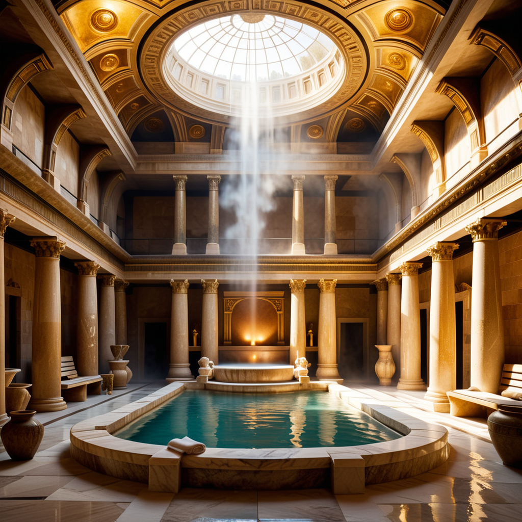 A highly detailed and realistic photograph of an ancient Roman sauna (thermae) from the time of Caesar, featuring grand marble architecture with intricate carvings and columns. The central bath is filled with steaming water, surrounded by polished marble tiles and mosaics depicting mythological scenes. The room is illuminated by natural light streaming through small openings in the high, domed ceiling, creating soft shadows and reflections on the water's surface. The atmosphere is hazy from the steam, and a few individuals dressed in Roman togas and tunics can be seen reclining on benches or chatting near the bath. The overall color palette includes shades of white, gold, and earthy tones, emphasizing the luxurious and serene environment.<lora:SDXLFaeTastic2400:0.4> <lora:extremely_detailed:0.4> extremely detailed, Masterpiece,best quality,hi res,8k,hi res,8k,award winning,(sharp focus, intricate, highly detailed),