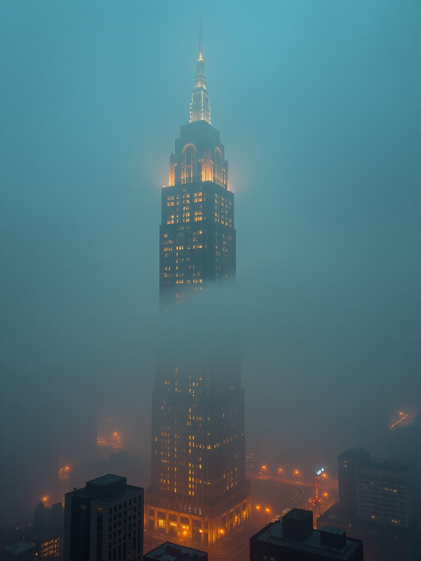 Art deco skyscraper emerging through thick mist, the glowing lights inside casting warm reflections against the teal evening sky. The city below is blanketed in fog, with only the warm glow of the streetlights cutting through the haze. The design of the building is sleek and intricate, evoking a sense of timeless elegance against the backdrop of a modern metropolis. The calm, eerie atmosphere makes the scene feel cinematic, as if it’s part of an epic, slow-paced urban story.
