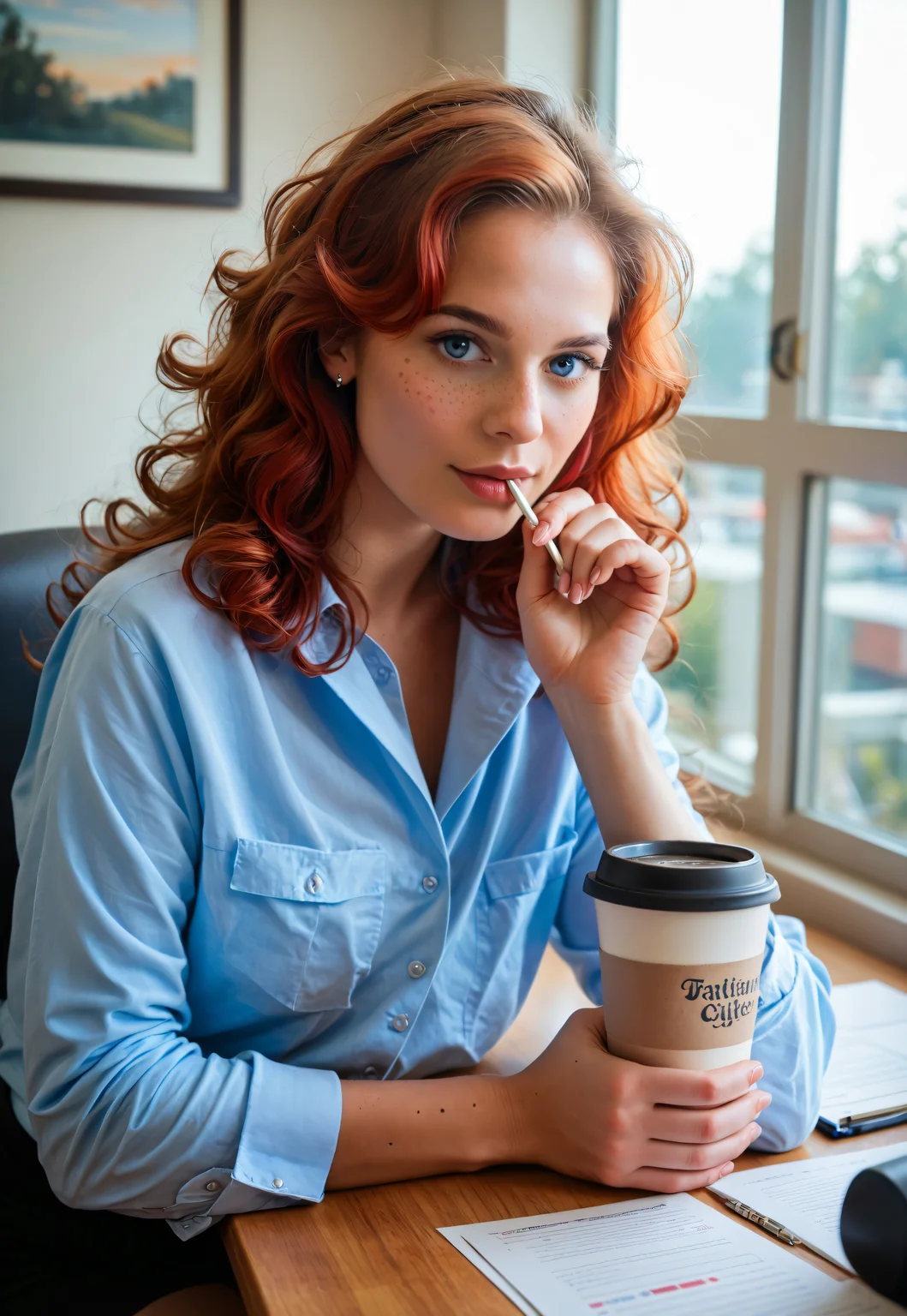 a 19-year-old red-haired female assistant with curly hair and bright blue eyes, sitting at a modern office desk, eating a sweet pastry, a coffee cup beside her, relaxed morning mood, stylish soft business outfit in pastel tones, playful yet professional expression, natural daylight through tall windows, minimalistic corporate interior, freckles, youthful face, photorealistic, cinematic lighting, corporate fashion aesthetic, 85mm lens, shallow depth of field
