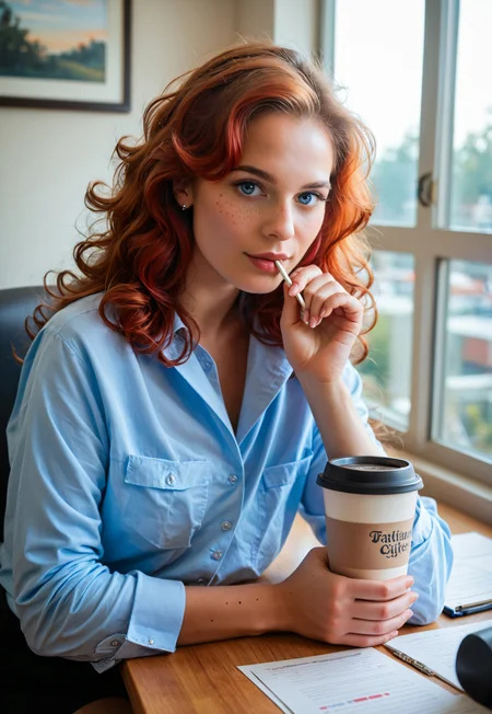 a 19-year-old red-haired female assistant with curly hair and bright blue eyes, sitting at a modern office desk, eating a sweet pastry, a coffee cup beside her, relaxed morning mood, stylish soft business outfit in pastel tones, playful yet professional expression, natural daylight through tall windows, minimalistic corporate interior, freckles, youthful face, photorealistic, cinematic lighting, corporate fashion aesthetic, 85mm lens, shallow depth of field