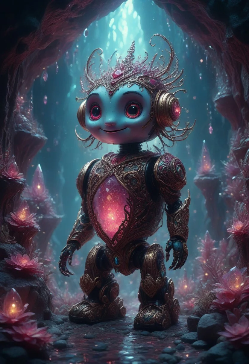 ruby manuka robot, cute, fantasy, happy, in a fantastical crystal cave, intricate details, 8k, cinematic film still, ultra sharp