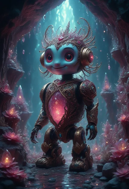 ruby manuka robot, cute, fantasy, happy, in a fantastical crystal cave, intricate details, 8k, cinematic film still, ultra sharp