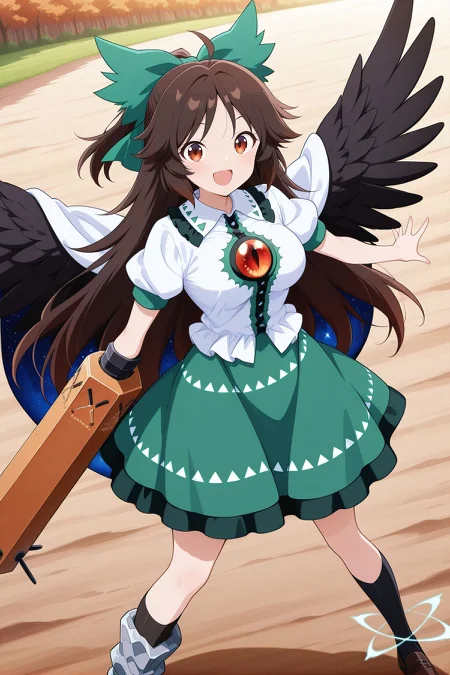 absurdres, highres, masterpiece, best quality, amazing quality, official anime artwork, screencap, anime screencap, outdoors, looking at viewer, light smile, dynamic pose, standing,
 <lora:Utsuho-Reiuji_IllustriousV2:1> reiuji utsuho, 1girl, solo, brown eyes, brown hair, long hair, ahoge, black wings, bird wings, third eye, breasts,, green bow, hair bow, white cape, white shirt, green skirt, puffy short sleeves, asymmetrical footwear, arm cannon, :d,