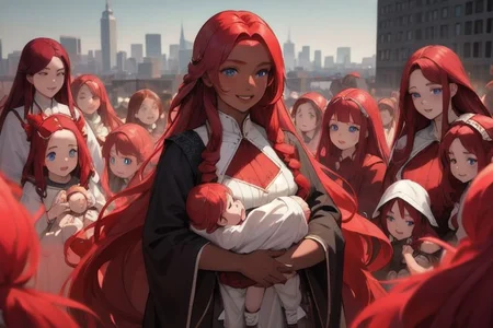 (masterpiece, best quality:1.5), (ultra realistic:1.5), (8k uhd, very high quality:1.5), (extremely detailed face:1.5), (everyone has ruby red hair:1.5), (dark skin mother holding an endless amount of infants and surrounded by an endless amount of her extremely young children:1.5), (everyone smiling and happy:1.5), (everyone has bright blue eyes:1.5), (everyone has long ruby red hair:1.5), (the woman is surrounded by endless amounts of her extremely young children that fill the entire background:1.5), (the woman is surrounded by an endless amount of her very young children that fill the entire background:1.5), (city background:1.5)