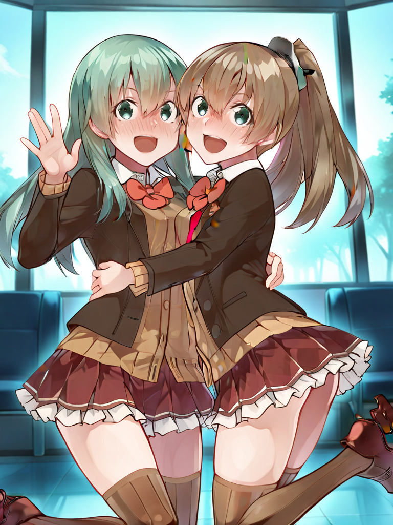<lora:suzuya_kai2_ilxl_v1.0:1>,h_c_suzuya_kai2,long hair,aqua hair,aqua eyes,s_clothes,red bowtie,brown jacket,long sleeves,cardigan,frilled skirt,brown thighhighs,loafers,happy,rudder footwear BREAK
<lora:kumano_kai2_ilxl_v1.0:1>,h_c_kumano_kai2,ponytail,brown hair,green eyes,k_clothes,red bowtie,brown jacket,long sleeves,cardigan,frilled skirt,full-face blush,shame,brown thighhighs,loafers,rudder footwear BREAK
women hug each other,cheek to cheek,2girls,yuri,, masterpiece,best quality,amazing quality,very aesthetic,absurdres,