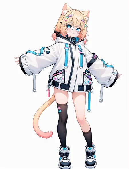 dynamic pose,  full body, dancing, 1girl,
petite,
 <lora:MiniKomewV2:1> minikomew, blonde hair, catgirl, cat ears, round glasses, medium hair, cat tail, hairclip, blue eyes, collar, white jacket, oversize jacket, zipper sleeves past wrists, hood down, asymmetrical  legwear, black legwear, white footwear,, masterpiece, best quality, amazing quality, very aesthetic, absurdres, newest
