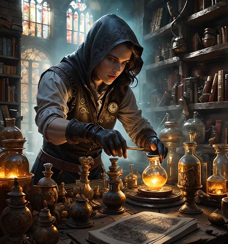 RAW photo, (masterpiece:1.3), subsurface scattering, heavy shadow, (high quality:1.4), (intricate, high detail:1.2), professional photography, HDR, High Dynamic Range, realistic, ultra realistic, photorealistic, high resolution, film photography, ambient lighting, atmospheric effects, <lora:detail_slider_v4:2>, OverallDetail, alchemist, belt, black hair, book stack, bookshelf, brown gloves, controller, dress, hood, indoors, jar, solo, sunlight, table, vest, <lora:Alchemist-10:1>