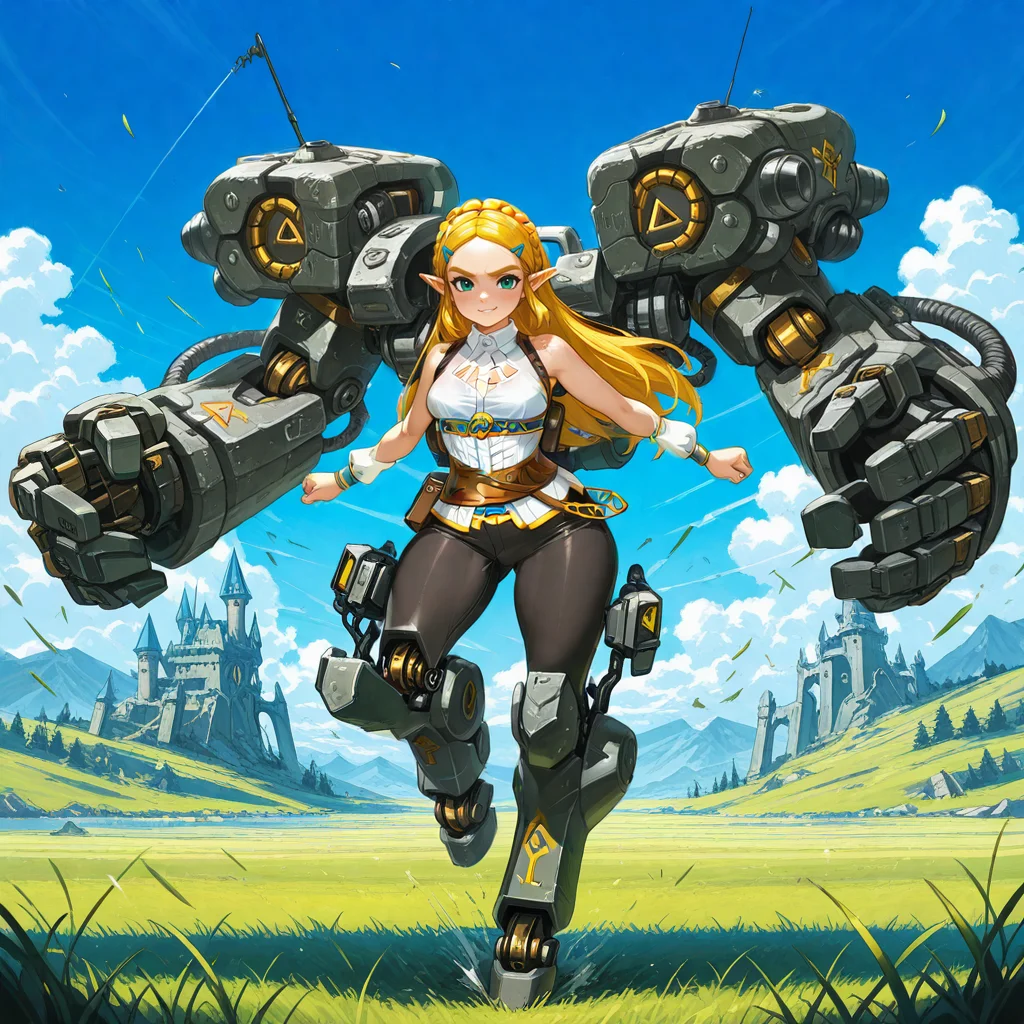 absurdres,highres,masterpiece,best quality,amazing quality,IllusP0s,curvy,wide hips,<lora:Dramatic Lighting Slider:2.5>,<lora:StS-Illustrious-Detail-Slider-v1.0:3>,breasts,wide hips,mecha,robot,exoskeleton,cyb3r3x0,<lora:Exosuit>,mecha musume,solo,(sleeveless:1.5),dashing,dress shirt,princess zelda,the legend of zelda: breath of the wild,dcwj BREAK grasslands,castle ruins,(smirk:0.8),