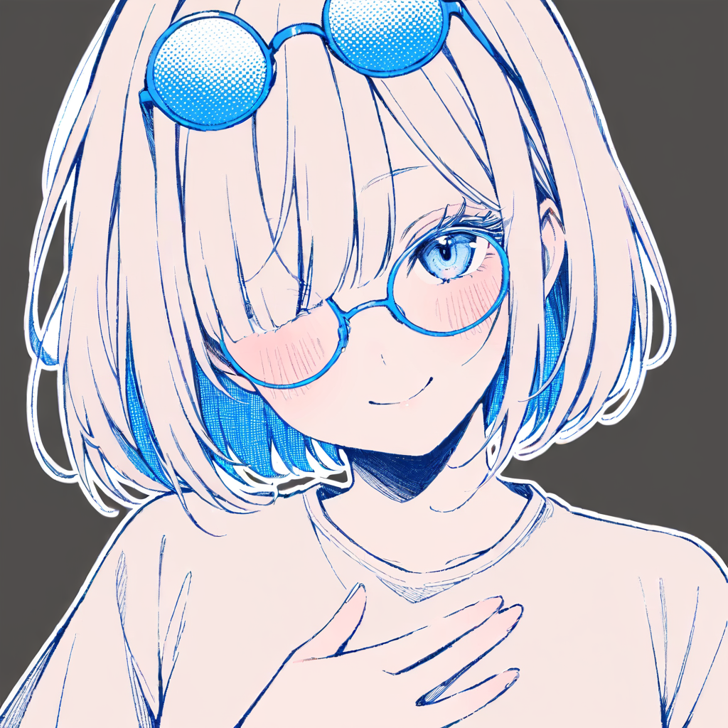 1girl, 
solo, close-up, head tilt, eyewear on head, split mouth, closed mouth, one eye covered, blue hair, round eyewear, hand on own chest, blue eyes, blush, smile, hair over one eye, blue-framed eyewear, spot color, bob cut, happy, eyelashes, looking at viewer, blunt bangs, portrait, blue theme, simple background, short hair, straight-on, sidelocks, monochrome, transparent background, glasses, 
masterpiece, best quality,  safe
 <lora:mki-a31-dodosako-v1-000070:1>