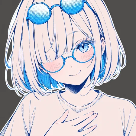 1girl,
solo, close-up, head tilt, eyewear on head, split mouth, closed mouth, one eye covered, blue hair, round eyewear, hand on own chest, blue eyes, blush, smile, hair over one eye, blue-framed eyewear, spot color, bob cut, happy, eyelashes, looking at viewer, blunt bangs, portrait, blue theme, simple background, short hair, straight-on, sidelocks, monochrome, transparent background, glasses,
masterpiece, best quality, safe
<lora:mki-a31-dodosako-v1-000070:1>