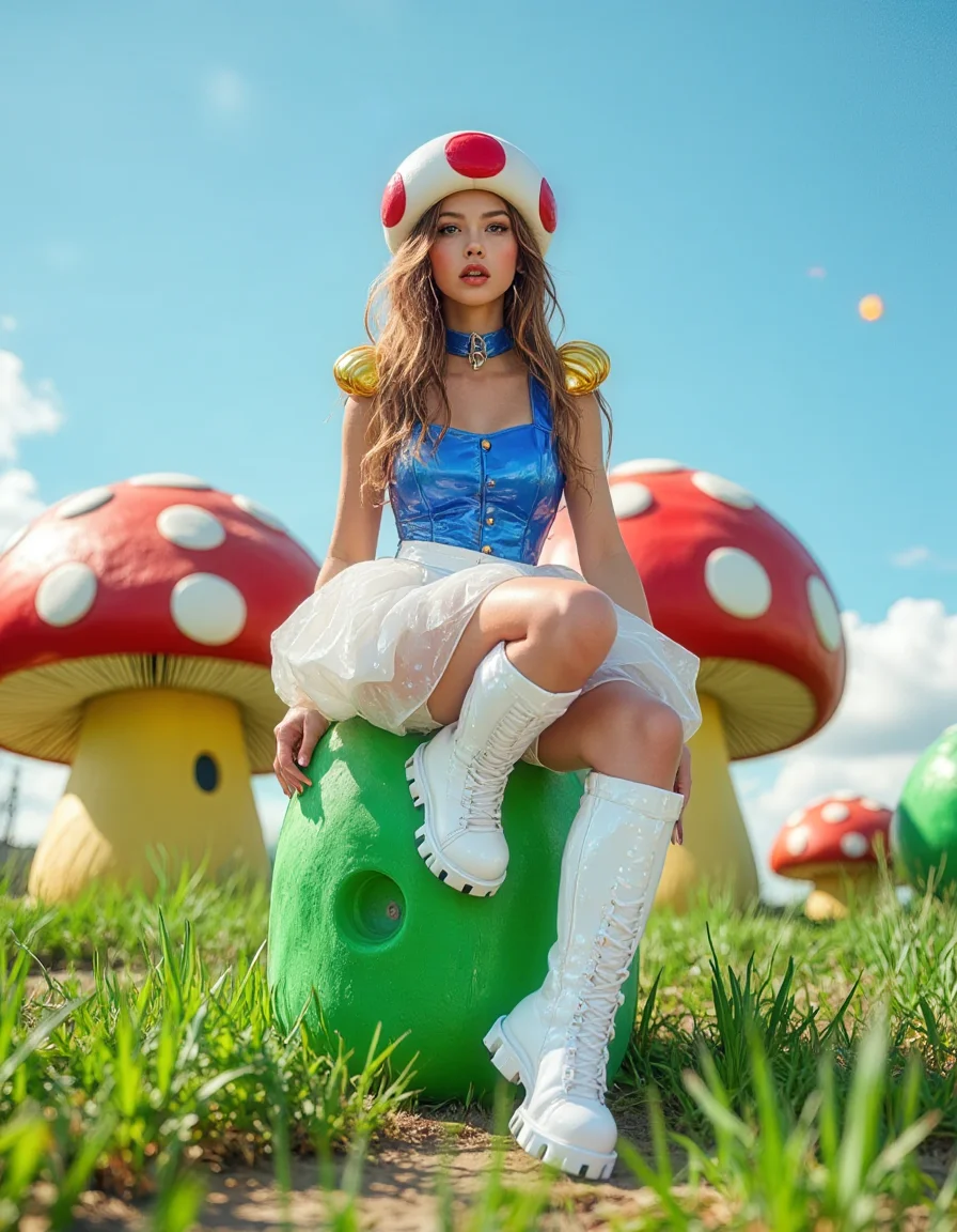 A photorealistic, high-fashion editorial photograph deeply embodying the whimsical Mushroom Kingdom Fashion style. A female model with a playful expression is perched elegantly on a stylized, oversized green warp pipe emerging from vibrant, almost artificial-looking green grass. She wears an avant-garde ensemble inspired by Toad: a structured, high-gloss blue vinyl waistcoat with exaggerated, rounded gold shoulder caps over voluminous white organza bloomers featuring a subtle tone-on-tone polka dot texture. Her headwear is a statement piece: a large, impeccably smooth white sculpted beret adorned with oversized, glossy red circular spots, directly referencing a mushroom cap. Her footwear consists of chunky white platform boots with subtle block-like tread patterns. The background depicts a fantastical, brightly lit Mushroom Kingdom landscape under a clear blue sky; giant, geometrically stylized mushrooms in vibrant reds and greens rise in the middle distance, and subtle, softly blurred outlines of floating coin blocks shimmer high above. The lighting is bright, cheerful, and almost hyperreal, characteristic of the game world, casting soft, clean shadows. Playful yet chic aesthetic, ultra-detailed textures (vinyl shine, organza sheerness, sculpted headwear), sharp focus, 8K resolution.
<lora:mushroom-kingdom-fashion-flux:1>