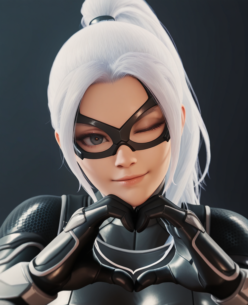highres, absurdres, intricate detail, 3d,  <lora:Black_Cat_V2_ILLUS:1> , blackcat, 1girl, domino mask, white hair, ponytail, long hair, bodysuit, looking at viewer, portrait, heart hands, one eye closed, light smile, head tilt, leaning to the side, hand under chin