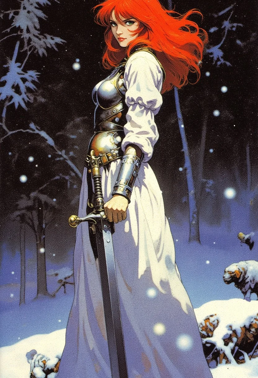 Frank Frazetta fantasy oil painting with 90s retro futuristic anime elements without noise or comic halftone effect. The subject is a woman with bright red hair blowing in the wind and green eyes. Her face showing a serious expression. The stark white gossamer dress. Her body is slender and athletic. Her body is slender and pale. she wears a medieval knights breastplate over her dress, she stands defiantly with both hands on her hips. The background is a detailed dark and snowy forest. The composition and the poses are dynamic. The composition is dominated by cool tones, with a muted, slightly gritty texture that enhances the gritty, medieval fantasy atmosphere.