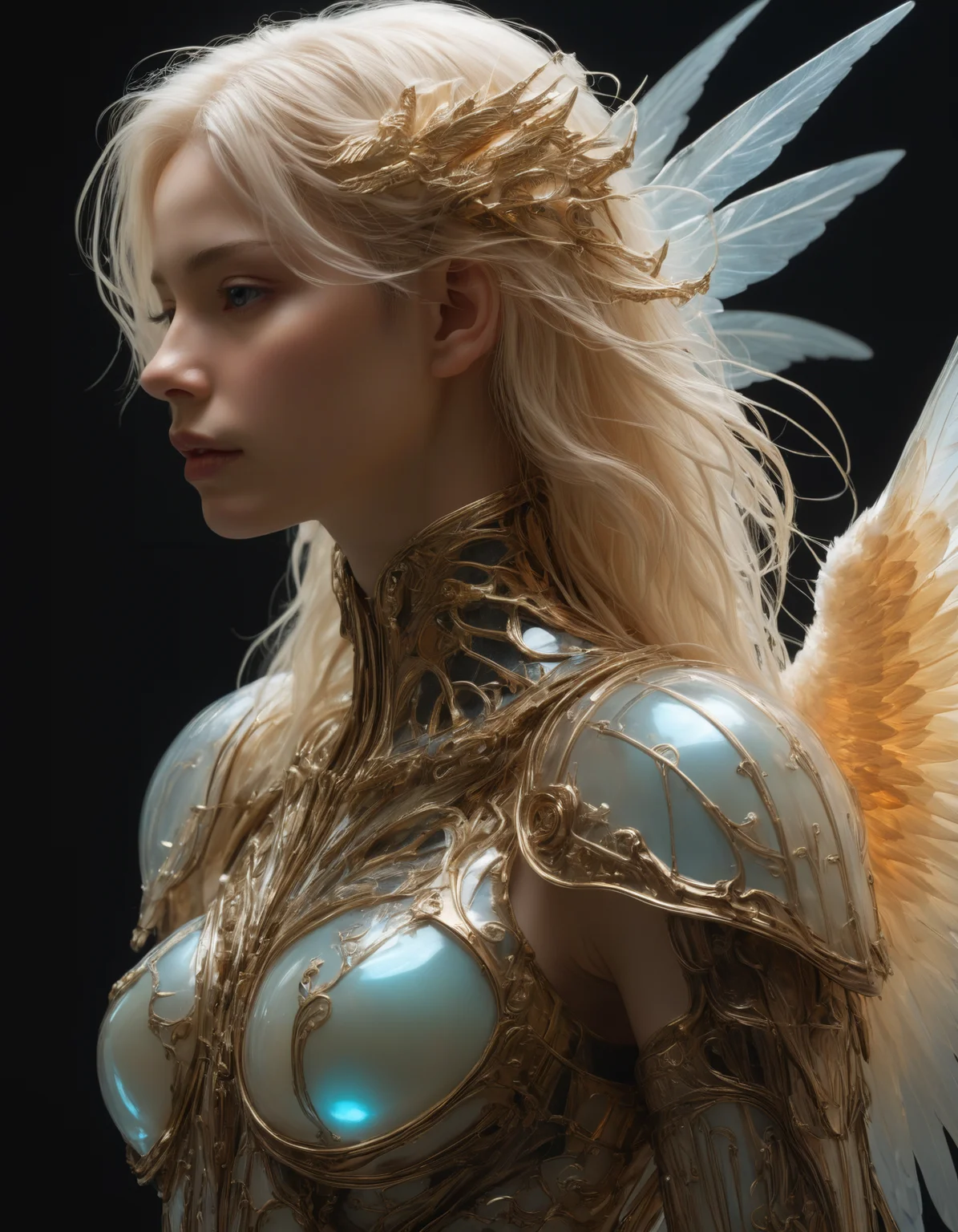 artiangel, portrait side view, (angelic, female, gothic, glowing, armored, translucent, bioluminescent, imposing, ethereal, dangerous, ivory, long haired, winged:1.5), poster art, bold lines, hyper detailed, expressive, award winning, (movie still:1.4), (professional, finest details, masterpiece, best quality:1.5), looking at viewer, highly dynamic pose, wide angle view
<lora:artiangel:0.5>