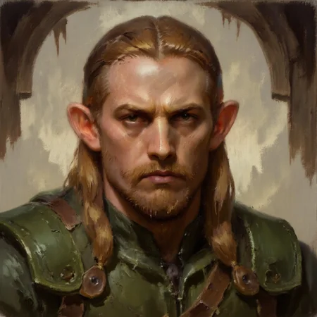 Dark-Fantasy-Cardd-V.2.0 style dark fantasy oil painting with detailed eyes that features a muscular male elf warrior, with long blonde hair and beard wearing a green leather armor
