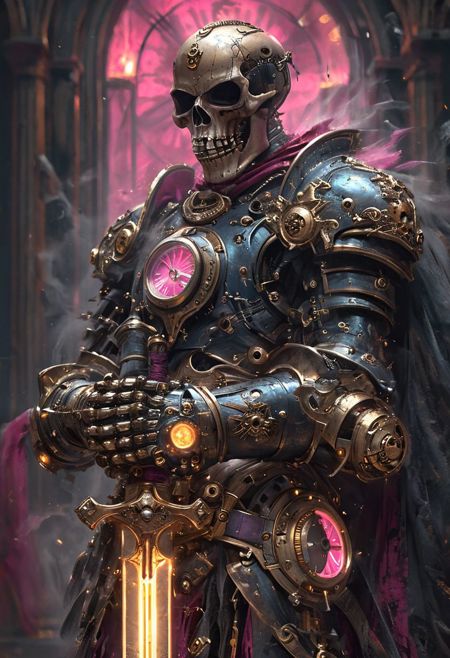 man  stands,steampunk, laughing with mouth wide open, clock engine,king,holding a  sword,half skull mask,colorfull,glowing ,mechanical wonders and the romance of steam-powered machinery,concept art,character,vibrant colors and depth, showcasing gears, cogs, and clockwork that seem to be in motion