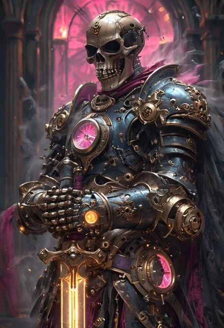 man  stands,steampunk, laughing with mouth wide open, clock engine,king,holding a  sword,half skull mask,colorfull,glowing ,mechanical wonders and the romance of steam-powered machinery,concept art,character,vibrant colors and depth, showcasing gears, cogs, and clockwork that seem to be in motion