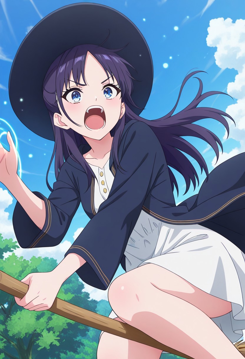 (absurdres, best quality, masterpiece:1.4), amazing quality, highres, newest, detailed, detailed body, detailed face, source anime, anime coloring, beautiful, floating, blue sky, petite, unique perspective, dutch angle,
BREAK
WWNemu, 1girl, solo, shouting, NemuAniHu, dark purple hair, parted bangs, half updo,, blue eyes, witch hat, robe, white inner dress, broom riding, sidesaddle, casting spell,