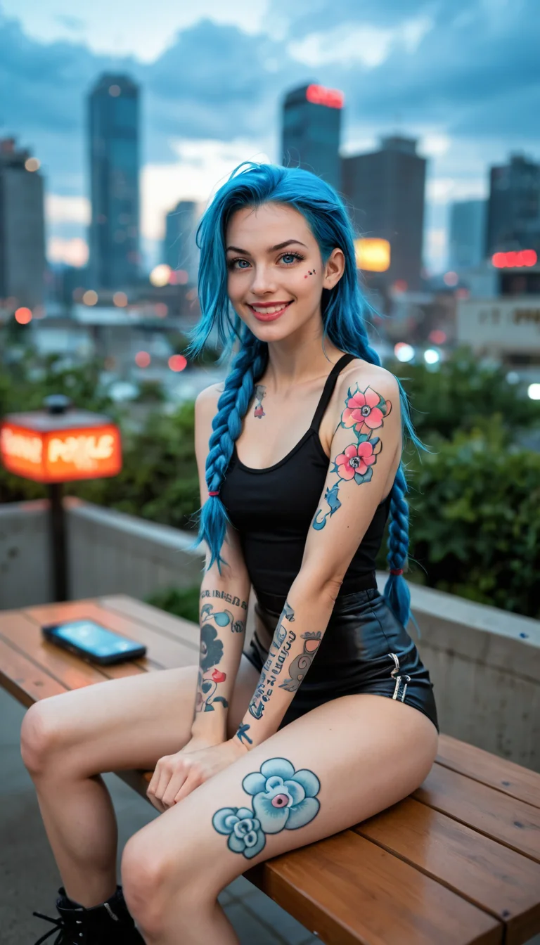 score_9_up, score_8_up, score_7_up, Raw Photo, Full Body Shot, Jinx, cute, seductive, innocent, light smile:0.3, plump lips, slender body, cloud tattoos on arm, sitting at the table, outdoor, intense blue long hair, bokeh, neon light passing through hair, award winning fashion photography, city background, depth of field, dynamic angle, photo realistic:1.4, realistic skin:1.4, fashion photography, sharp, analog film grain, hyperdetailed:1.15