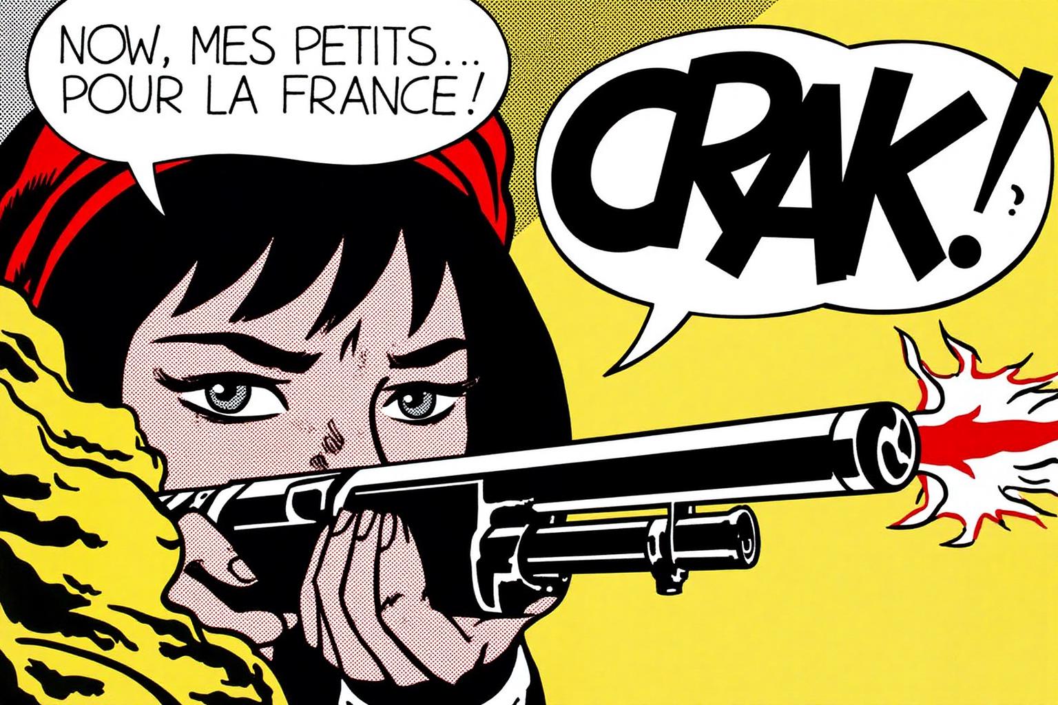 lichtenstein1 illustration.
A French female resistance fighter is firing a rifle behind a bush. She has short hair and is wearing a red beret. Her eyes squinting as she aims.
There is a speech bubble that say "NOW, MES PETITS.. POUR LA FRANCE!"
Above the rifle there is a comic book sound effect in big black letters that says "CRAK!".
 <lora:lichtenstein1_cap_d6a3e8:1.0><lora:835893832580122846:0>