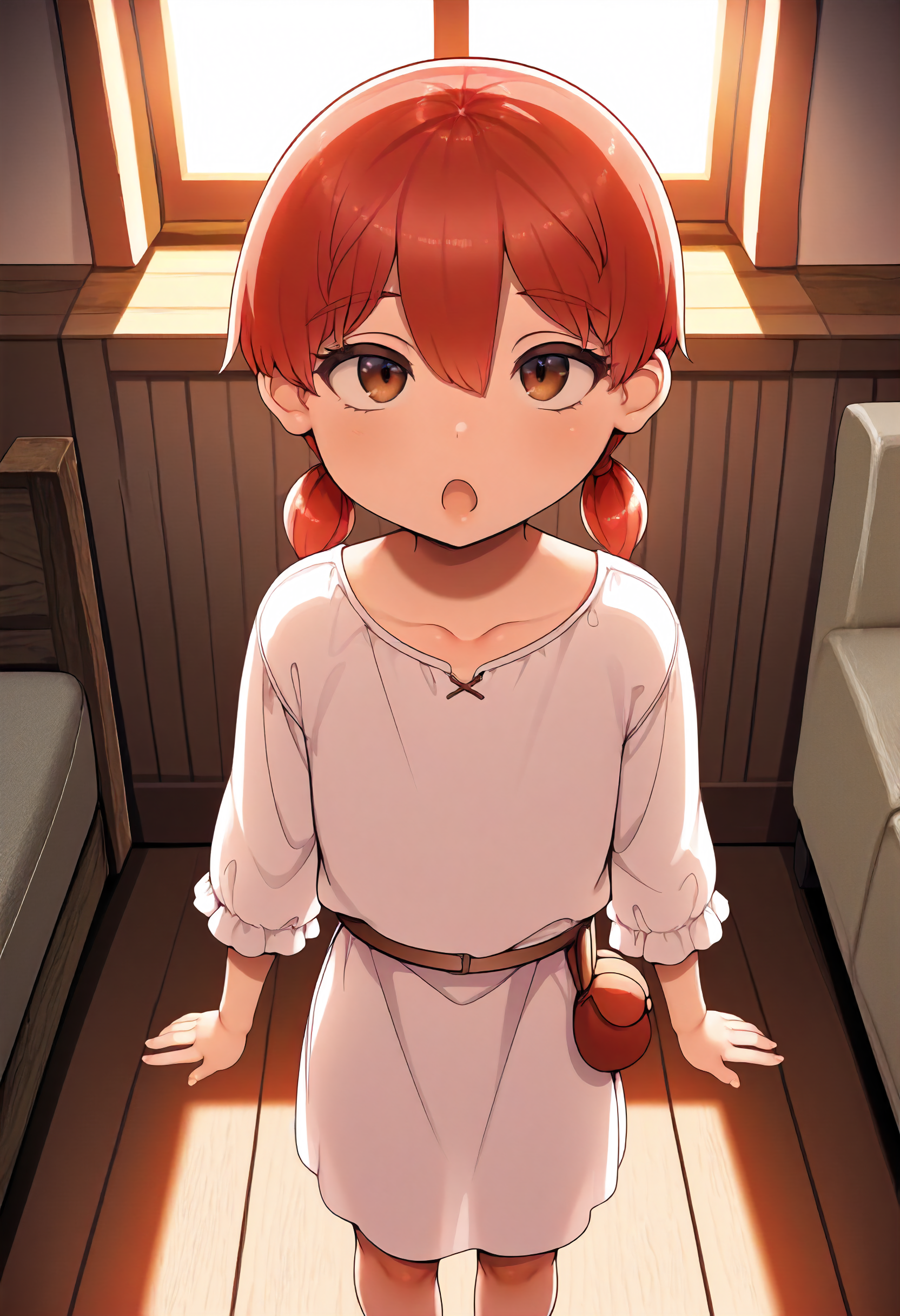 masterpiece, best quality, amazing quality, very aesthetic, absurdres, newest, scenery, volumetric lighting, perfect eyes, ultra detailed,
 1girl, child, female child, solo, hair between eyes, red hair, short, slim, brown eyes, low twin ponytails,
medieval dress, brown and white clothes,
open mouth, standing, from above, looking at viewer,
indoors, living room, window, daylight,
<lora:Abubu_-_Style_LoRA__Illustrious:1.5>
masterpiece, best quality, amazing quality, very aesthetic, absurdres, newest, scenery, volumetric lighting, perfect eyes, ultra detailed,