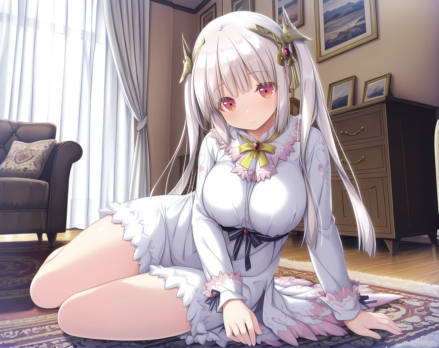 <lora:Lilica>,lilica,solo,large breasts,white hair,long hair,bangs,red eyes,cowboy shot,indoors,alternate outfit,twintails,hair ornament,yokozuwari,living room,carpet,curtains,, masterpiece,best quality,amazing quality, very aesthetic, absurdres,detailed eyes,ultra-detailed,