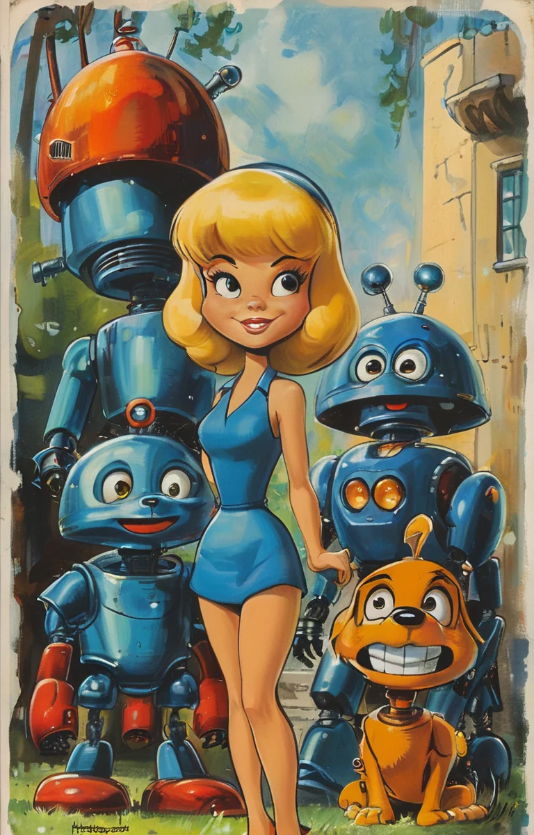 masterpiece,best quality,<lora:tbh285-sdxl:0.9>,illustration,style of Hanna-Barbera portrait of Housework robots