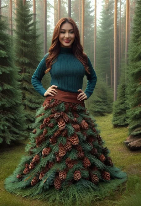 dawn, dark pine forest, colorful dress, perfect picture, (anatomically correct:1.7), score_9, score_8_up, score_7_up, score_6_up, score_5_up, score_4_up, UHD, 8K, masterpiece, detailed, ultra_high_resolution, lots of detail, OverallDetailXL, detailxl, Sci-fi Environments, epiCPhotoGasm-colorfulPhoto. style-empire, colorful style, 1woman, curvy, narrow waist, full lips, (red lips), flowing hair, (natural  eyes:1.3), full smile, mature female, milf, motherly. 32 years old, fir needles, fir needle style, fir needle, (long skirt made out of fir needles:1.5), (long skirt:2.2), (fully dressed:2), (covered body:1.8), (fully covered breasts:1.5), high neck closure, add-detail-xl, short puffy sleeves, Cambodian woman, long hair, light brown hair, small waist, wide hips, high cheekbones, golden glow, (Auntie Flatts:1.12), (sweater made out of pine cones:2).