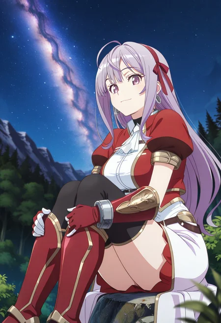 medium depth of field, rule of thirds, masterpiece-level, clean lines, sharp, focused subject, minimalistic composition, masterpiece, amazing quality, best quality, anime screencap, detailed face, detailed eyes, detailed outfit, face focus,
general,highres, ultra-detailed,very aesthetic,best quality ,best hands, perfect anatomy,detailed,
BREAK 1girl, solo, Mia Adenauer, lavender hair,
azure armor,
full azure armor, white shirt, white ascot, white waist cape,
silver hoop earrings, gold arm shield, black choker,
red hair ribbon hairband, black thighhighs, red cropped jacket, red armored gloves, red miniskirt, red armored boots,
from front, from side, cowboy shot,
sitting, hugging own legs, knees arms support, happy, light smile, looking at viewer,
(Forest, woods, trees, rocks, bushes, mountains,
outdoors, night sky, strarry sky, milky way, scenery),