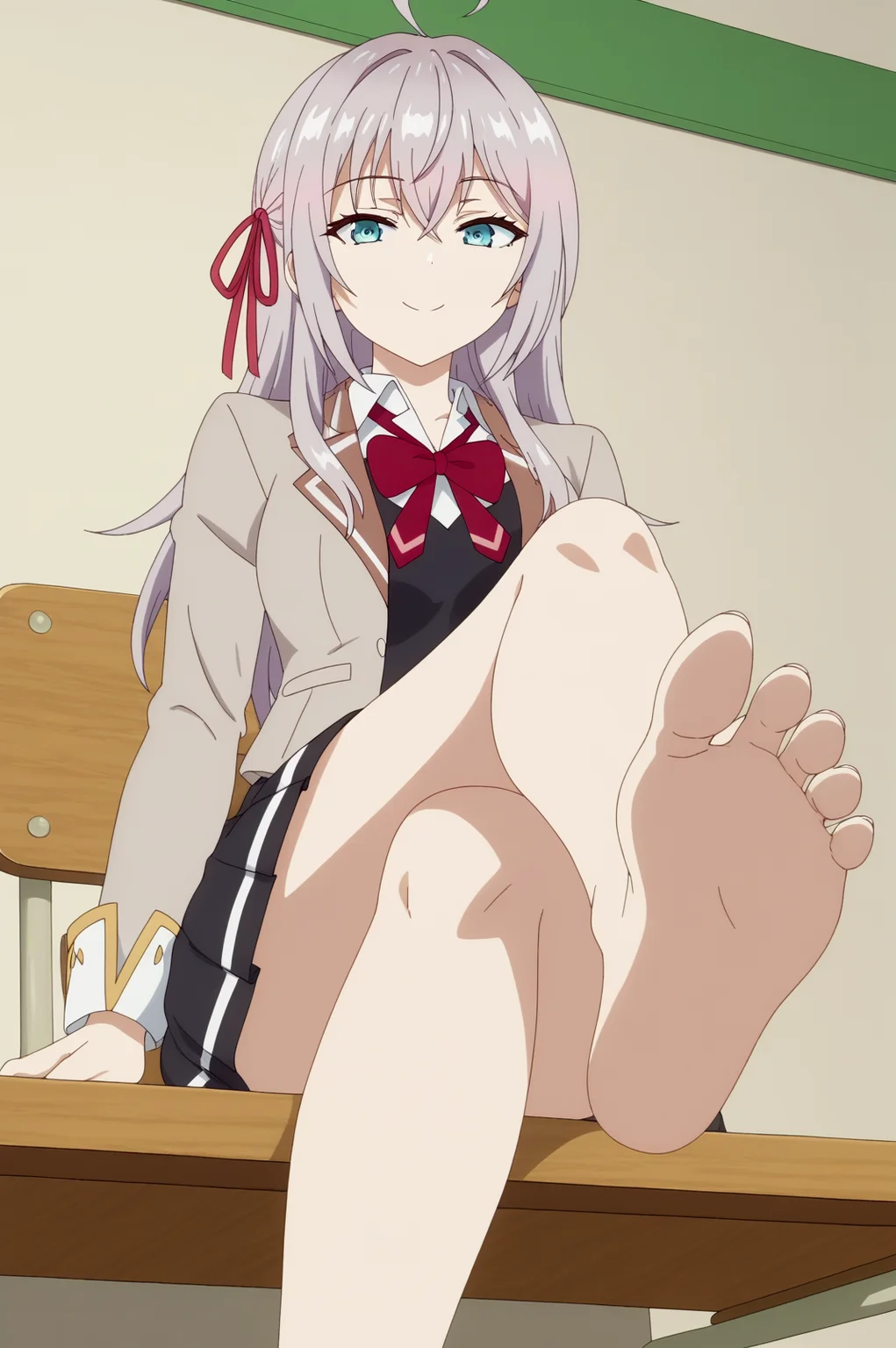 alisa mikhailovna kujou,anime screencap,solo,mature,1girl,ahoge,skirt,solo,long hair,hair,school uniform ribbon,bangs,jacket,shirt,red ribbon,looking at viewer,smile BREAK barefoot,legs crossed,sit,feet,toes,soles,from bottom,pov,bottom view,indoors <lora:Alisa_Mikhailovna_Kujou - PDXL2.safetensors:0.8> <lora:detailed_backgrounds_v2:0.8>