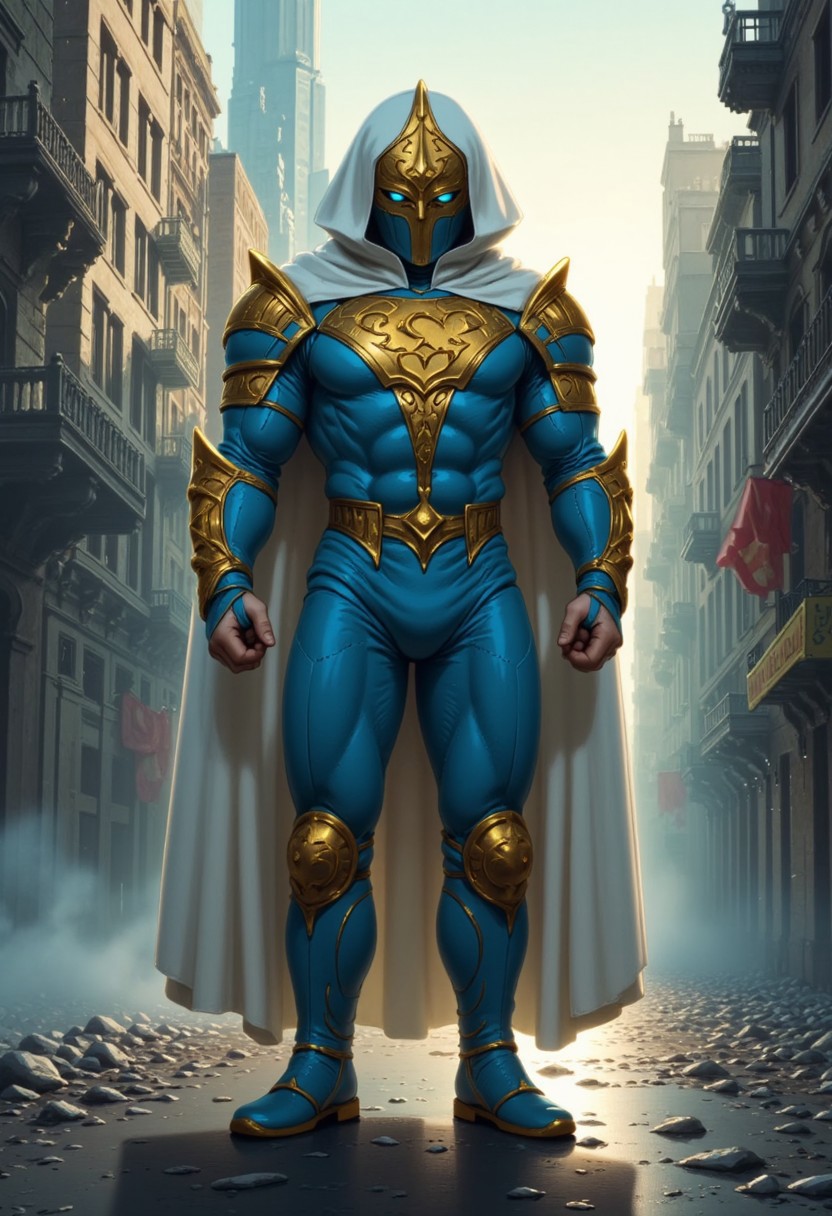 The hyper detail, armed supperhero, the moon knight Clark Kent SUPPERMAN with light blue, golden armor, the white cloak, golden S emblem on chest, detail decoration. standing on the street in dystopian mega city background at dawn. detail background, straight on angle shot, Full body shot, closed-up, ultra-realistic 32k resolution, official art styled digital painting, intricate armor engravings catching realistic lighting, film grain texture overlay, reversal film effect, high quality, detailed realistic background with scattered futuristic debris, shadowed craters, misty atmosphere, cinematic.