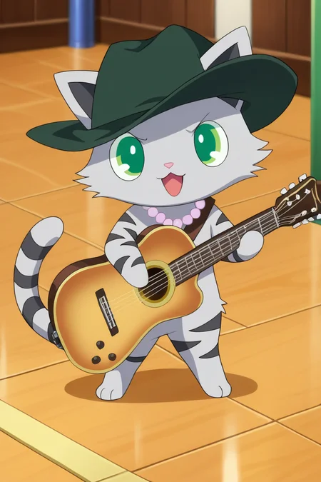 drawing, flat color, high quality, highres, good anatomy, detailed hands, detailed face, detailed fur, 2d, anime, ((source_furry, score_9, score_8_up, score_7_up, score_6), by darkgem, (Sharp focus, masterpiece, 8k, intricate artwork, hyper detailed, high detail), ((chunie)),
tour, gray fur, star necklace, furry, furry male, no humans, instrument, hat, solo, green eyes, guitar, open mouth, music, cat, holding, holding instrument