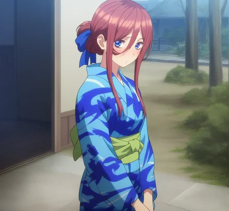 masterpiece, high quality, high res, absurd res, ultra high quality,
<lora:Miku_Nakano_Illustrious_v57:1>, M1kuNakan0_Illu, 1girl, solo, brown-red_hair, hair_over_eye, long_hair, bangs, dark-blue_eyes, green_obi, light-blue_yukata, blushing, hairbun, blue_hair_ribbon, (anime_screencap:1.2)