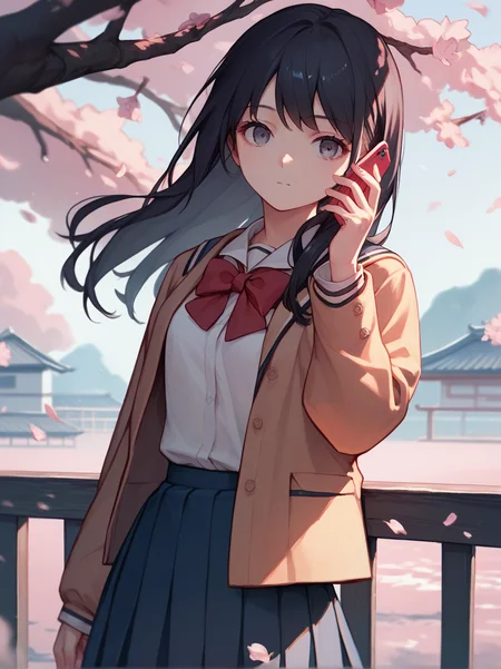score_9, score_8_up, score_7_up, score_6_up, source_anime, <lora:talking_on_phone_v0.3-pony:1>
talking on phone, black hair,
1girl, cowboy shot, school uniform, looking at viewer, cherry blossoms,