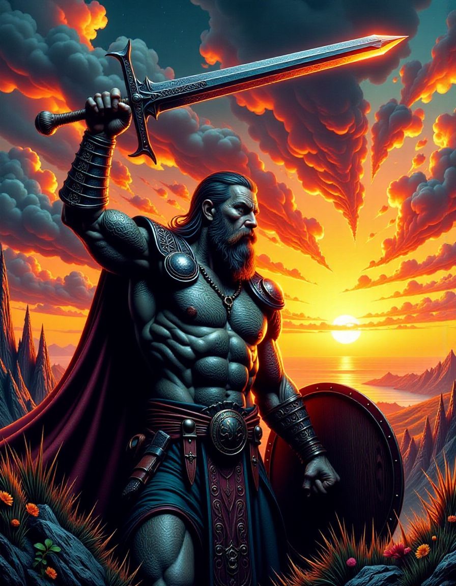 fluxdark,1980s comic book style illustration of a Viking warrior slightly in profile, holding a shield, raising a medieval sword above his head with his arm outstretched, with the tip of the sword pointing towards the sunset<lora:fluxdark-000001:1>