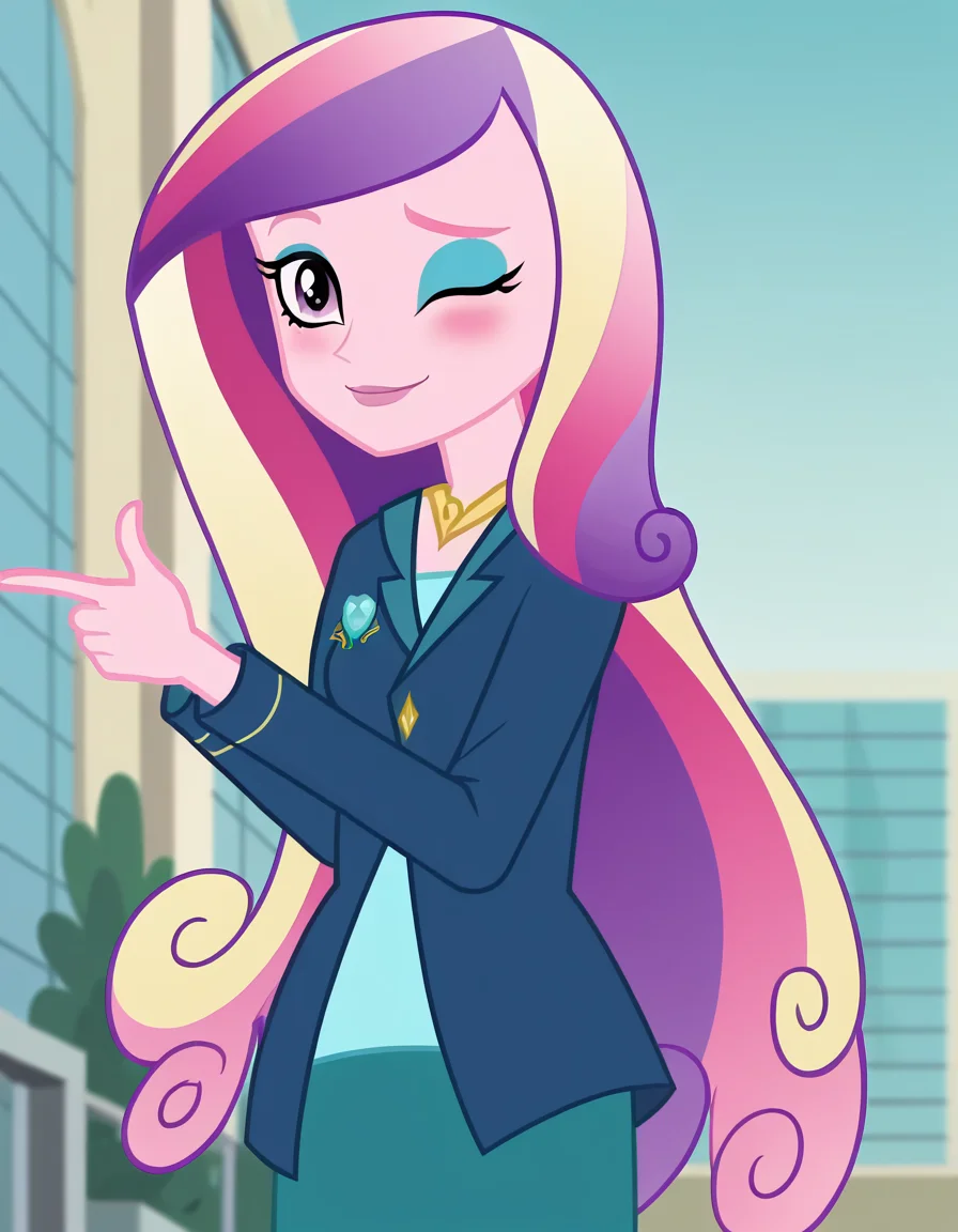 score_9, score_8_up, score_7_up, source_anime, <lora:dean-cadance-movie-ponyxl-lora-nochekaiser:1>, cadance, long hair, very long hair, purple eyes, pink hair, purple hair, multicolored hair, two-tone hair, eyelashes, makeup, eyeshadow, skirt, formal, suit,, rooftop, view, height, buildings, sky, , <lora:double-finger-gun-ponyxl-lora-nochekaiser:1>, double finger gun,, blush, smile, one eye closed, from side, looking at viewer, solo,, dutch angle, cowboy shot