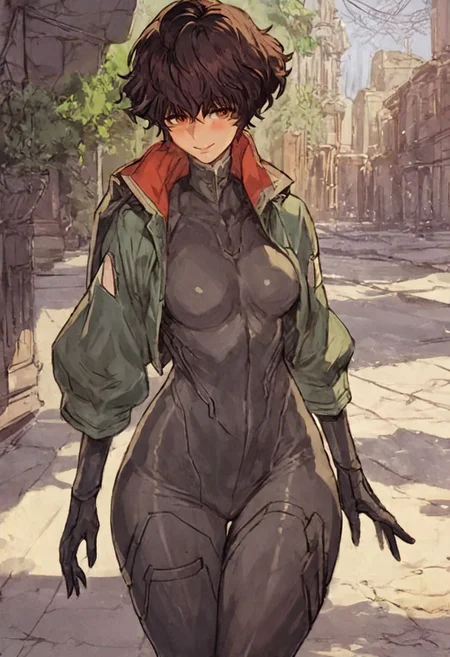 score_9, score_8_up, score_7_up, score_6_up, score_5_up, score_4_up, <lora:RWSara01:1>, RWSara01, jacket, bodysuit, smile, score_9, score_8_up, score_7_up, score_6_up, score_5_up, score_4_up, rating_questionable, , source_anime, digital illustration, pixiv, fanbox, uncensored, , BREAK, official art, 1girl, solo, Seductive Eyes, skinbodysuit, bodysuit, outdoors, blush, cowboy shot, looking at viewer, <lora:skinbodysuit e3-000009:0.75>, ng_deepnegative_v1_75t, easynegative, OverallDetail