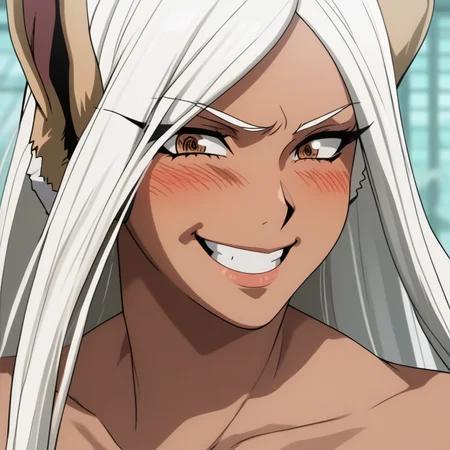 score_9, score_8_up, score_7_up, source_anime, expressive, anime, dynamic, 1girl, Mirko\(my hero academia\), source_anime, my hero academia, Mirko, dark-skinned_female, white hair, grin, blush, uncensored, (T5UM4N3T0R1), source_hentai