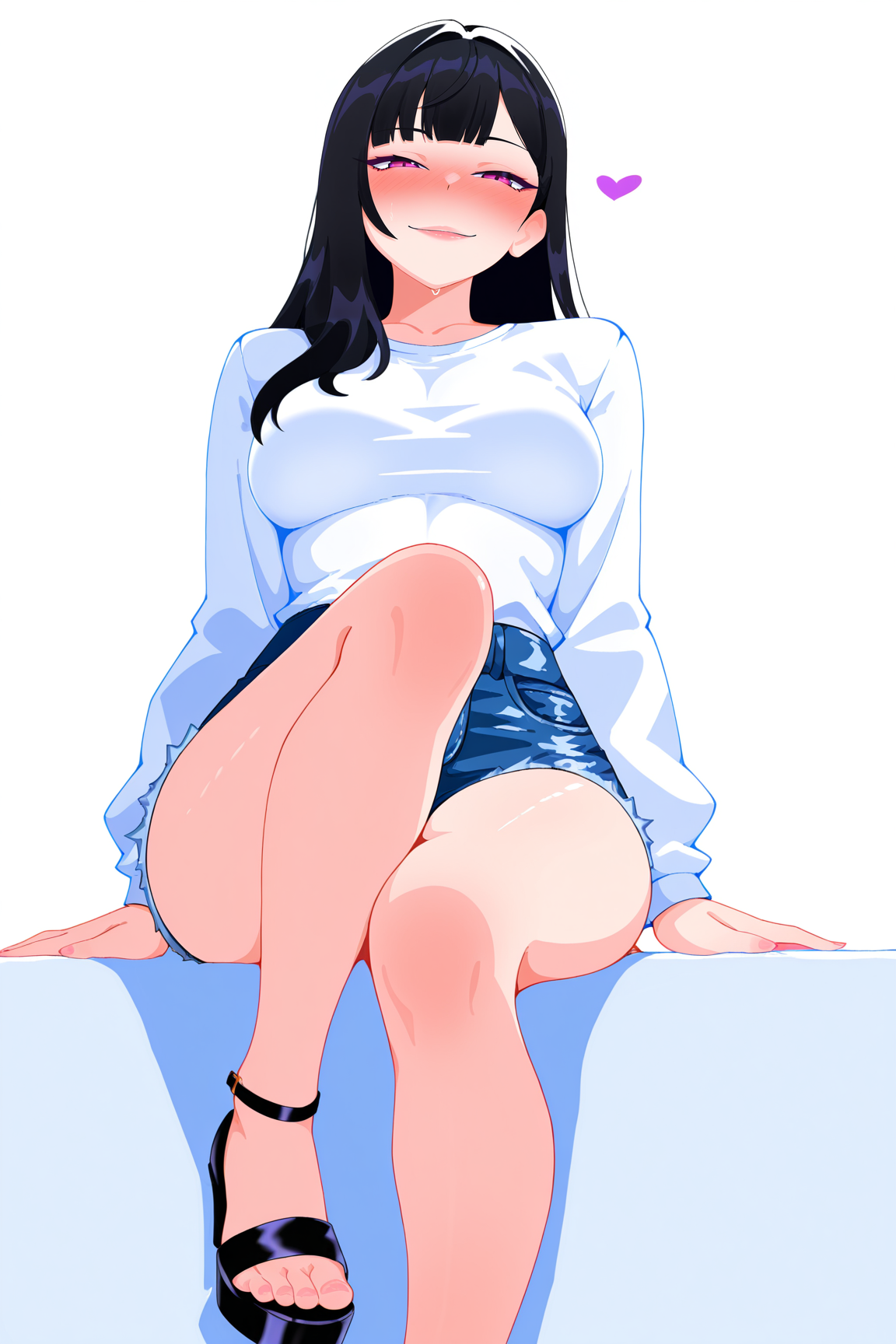 masterpiece,best quality,amazing quality, BREAK, 1girl, black hair, long hair, medium breasts, white shirt, denim shorts, solo, full body, sitting, bellow view, looking at viewer, seductive smile, naughty face, nose blush, white background, simple background, SubukoStyleILXL <lora:SubukoStyleILXL:1>