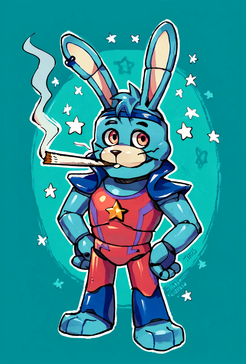 score_9, score_8_up, score_7_up,,  good quality ,, character focus, solo, , best quality , detailed background, <lora:glambon-10:1> glambon, rabbit ears, male focus, , solo, star (symbol), robot, white outline, stars, cyan background, cowboy view,  <lora:DoobieRalsei:1> dubi3, full body, standing, chibi, looking at viewer, hands on own hips, cigarette, smoke