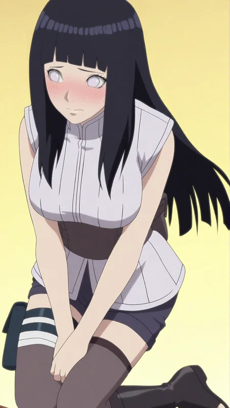 source_anime, masterpiece, best quality, amazing quality, anime screencap, high quality, 8k, absurdres, official style, 1girl, solo, simple background, blush, embarrassed, <lora:Hinata_Boruto_iL:1>, h1n4t4 b05ut0, white eyes, no pupils, black hair, bangs, blunt bangs, long hair, the last outfit, no bag, sweater vest, sweater, sleeveless, breasts, large breasts, waistband, thighhighs, boots, toeless footwear, shorts, black shorts, no bag, v arms,