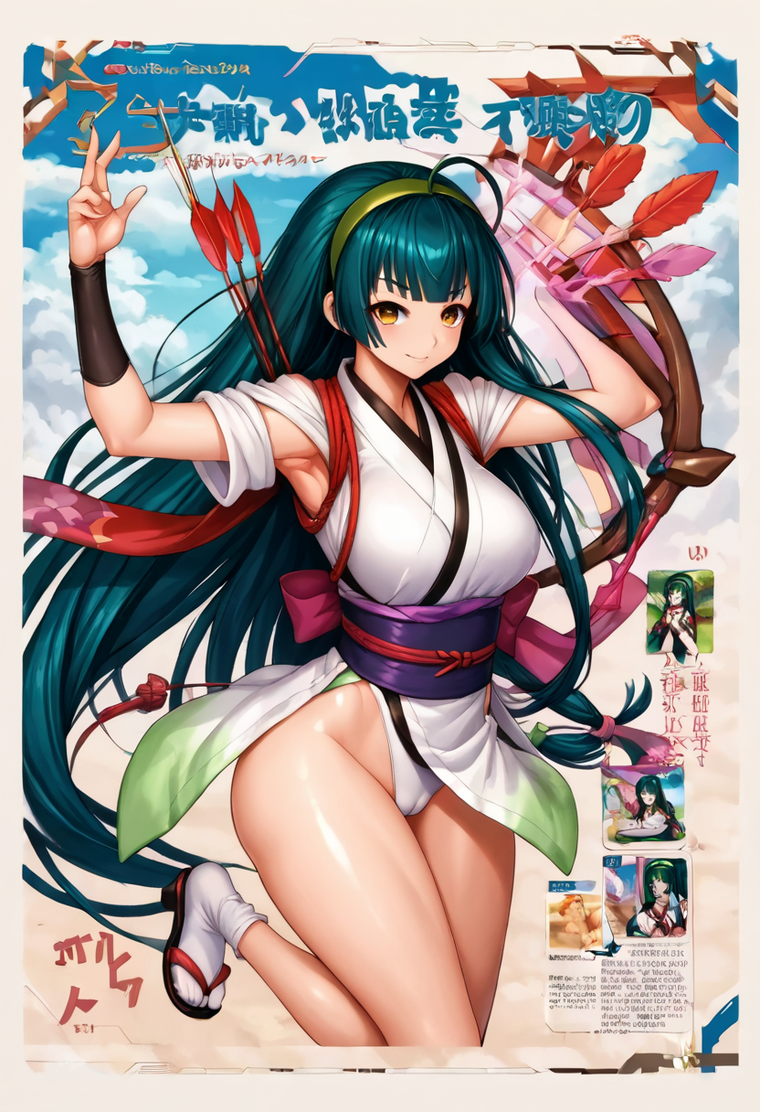 score_9, score_8_up, score_7_up, source_anime, BREAK
1girl,  solo,
 <lora:TohokuZunko_MMD_V1:0.85>Tohoku_Zunko, yellow eyes, brown eyes, large brests, Thick thighs, headphones, 
blunt bangs,  green hair, very long ahoge ,  very long hair,   low-tied long hair, green hairband, 
white kimono, short kimono, short sleeves, bow, red tasuki,  red ribbon, purple obi, 
sandals,  geta,zouri, tabi, socks,white socks,
<lora:TaimaninCC_Pony_V1:0.8>taimanincc, 1 girl, Solo Focus, character profile title text, Simple background, white background, 
(armor),lothing cutout, high leg cut, leotard, impossible leotard, shiny leotard, elbow gloves, thighhighs, fishnets, boots, high heels, shiny body, covered nipples, cameltoe,
fighting stance,  (holding weapon), (weapon), (brown long arrow),(brown huge arrow),
blush, Smile, looking at viewer,  (cowboy shot:1.5), mature female, thighs, armpits, collarbone,