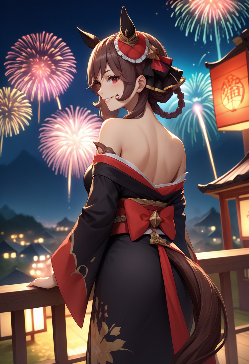 score_9, score_8_up, score_7_up, source_anime, from behind, solo, 1girl, gentildonna, smile, looking back, braid, hair ornament, animal ears, ear ornament, black kimono, off shoulder, red sash, bare shoulders, horse tail, fireworks <lora:umamusume_gentildonna_ponyXL:1>