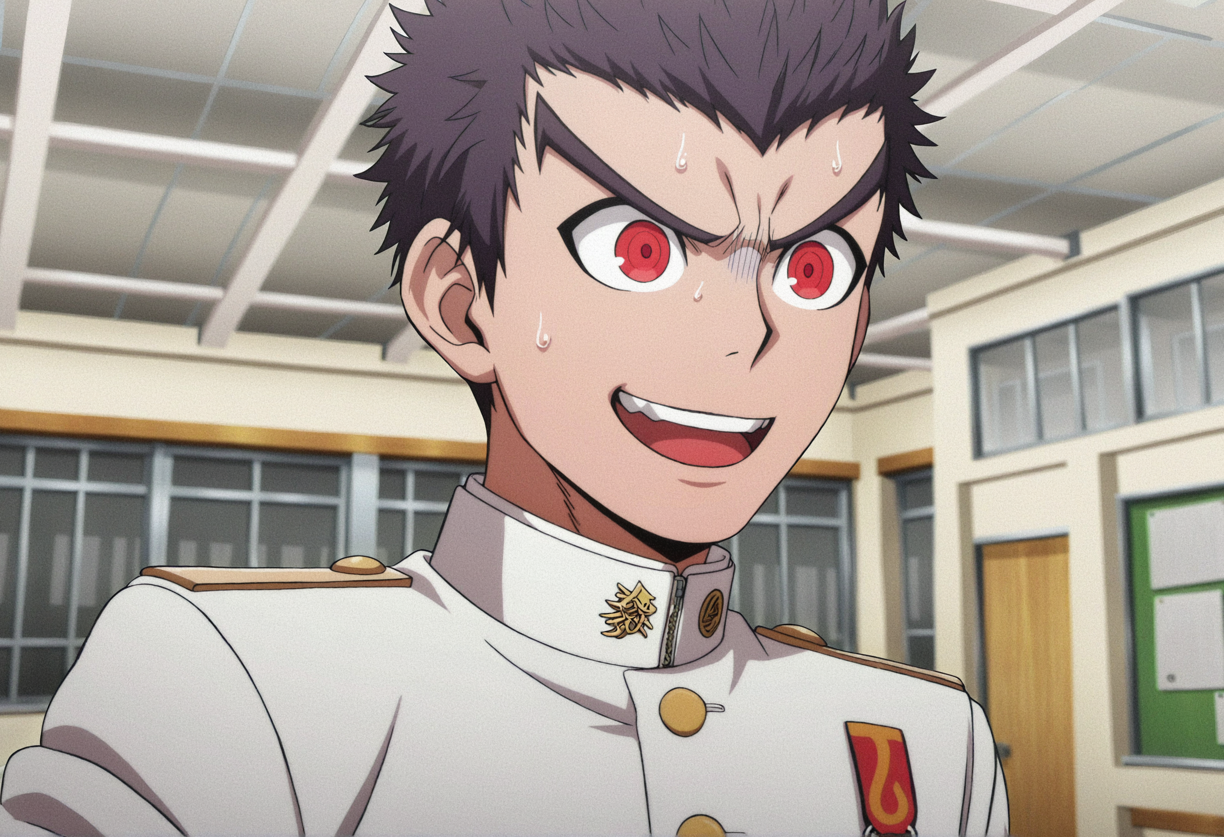 artist:, masterpiece, best quality, newest, absurdres, highres, very awa, 1boy, male, male focus, bara, ishimaru kiyotaka, uniform, sweat, open mouth, solo, teeth, white jacket, military, jacket, smile, v-shaped eyebrows, upper teeth only, sweatdrop, upper body, buttons, portrait, blurry, blurry background, school uniform, indoors, gakuran, solo focus, medal, white gakuran (official art, anime screenshot:1.2)