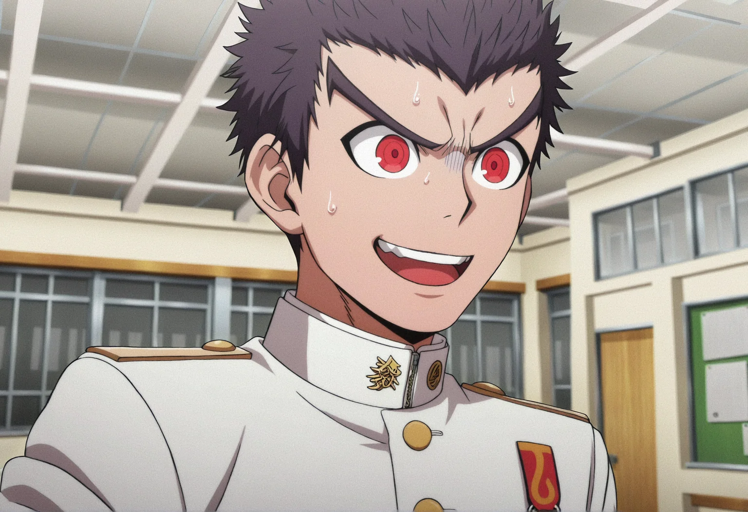 artist:, masterpiece, best quality, newest, absurdres, highres, very awa, 1boy, male, male focus, bara, ishimaru kiyotaka, uniform, sweat, open mouth, solo, teeth, white jacket, military, jacket, smile, v-shaped eyebrows, upper teeth only, sweatdrop, upper body, buttons, portrait, blurry, blurry background, school uniform, indoors, gakuran, solo focus, medal, white gakuran (official art, anime screenshot:1.2)
