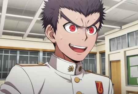 artist:, masterpiece, best quality, newest, absurdres, highres, very awa, 1boy, male, male focus, bara, ishimaru kiyotaka, uniform, sweat, open mouth, solo, teeth, white jacket, military, jacket, smile, v-shaped eyebrows, upper teeth only, sweatdrop, upper body, buttons, portrait, blurry, blurry background, school uniform, indoors, gakuran, solo focus, medal, white gakuran (official art, anime screenshot:1.2)