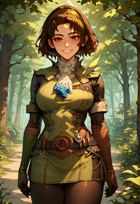 score_9, score_8_up, score_7_up, score_6_up, source anime,nsfw, expressive, serious_handler, short hair, brown hair, gloves, brown eyes, big breasts, pantyhose, hairband, black gloves, elbow gloves, belt, black pantyhose, ascot, leather, green hairband, leather gloves, leather boots, smile, forest background <lora:Expressive_H:1> <lora:Serious_Handler_Pony:1>